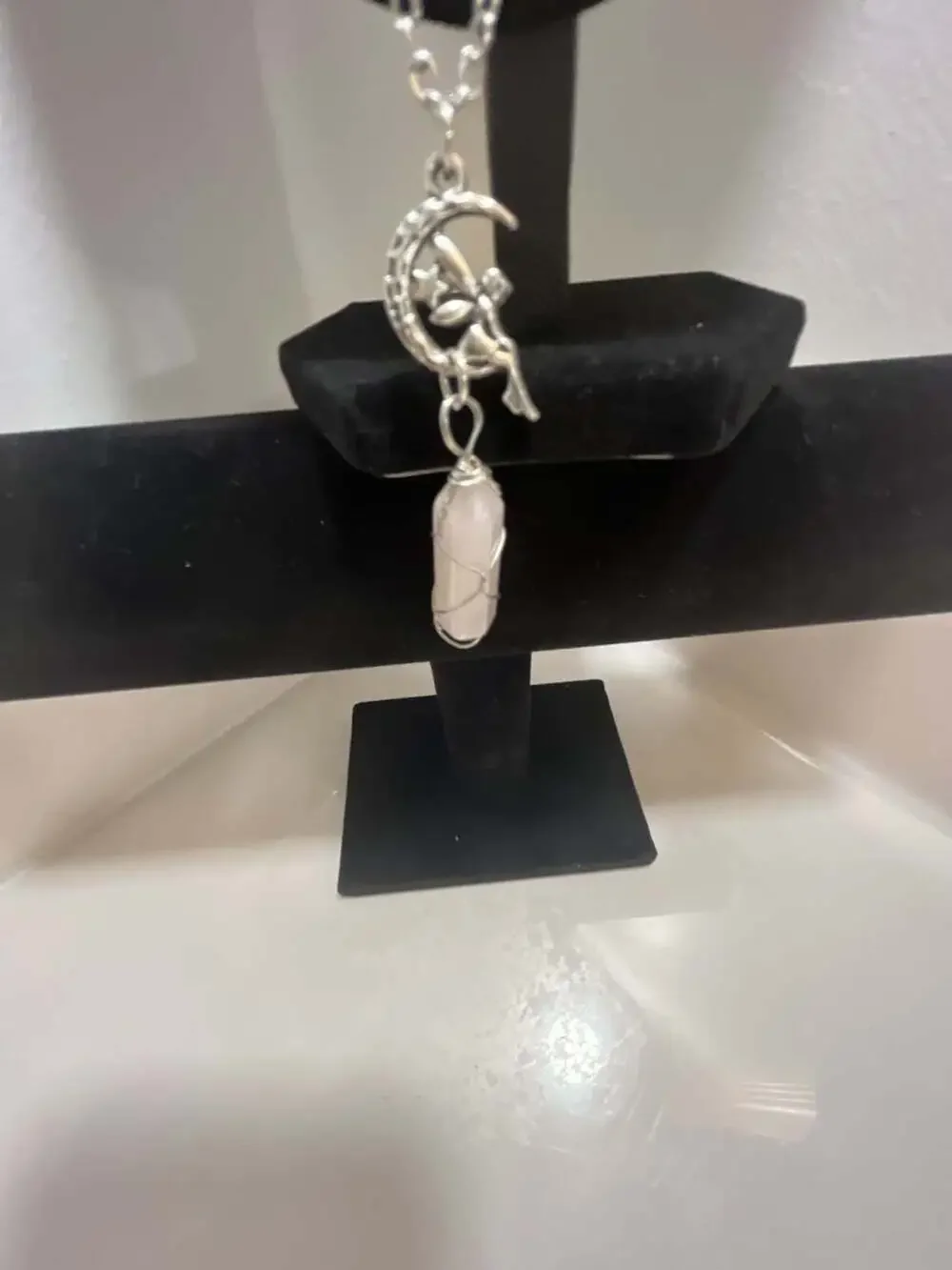 Wire Wrapped Rose Quartz Crystal and Crescent Moon Pendant Necklace